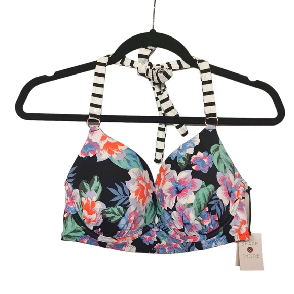 SHADE & SHORE Colorful Blue Floral Print White Stripe Halter Bikini Top 34D - Picture 6 of 9